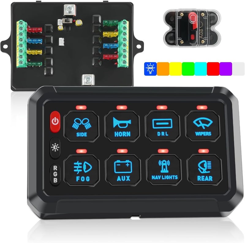 KISLED 8 Gang Switch Panel with RGB Button and Brightness Button for 5-Level Brightness Universal Automotive Circuit Control Relay Car Touch LED System Box, 2 Years Warranty - Image 1